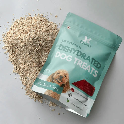 3nhalf chicken and oat cookies all natural healthy dog treats in heart shape showing ingredients