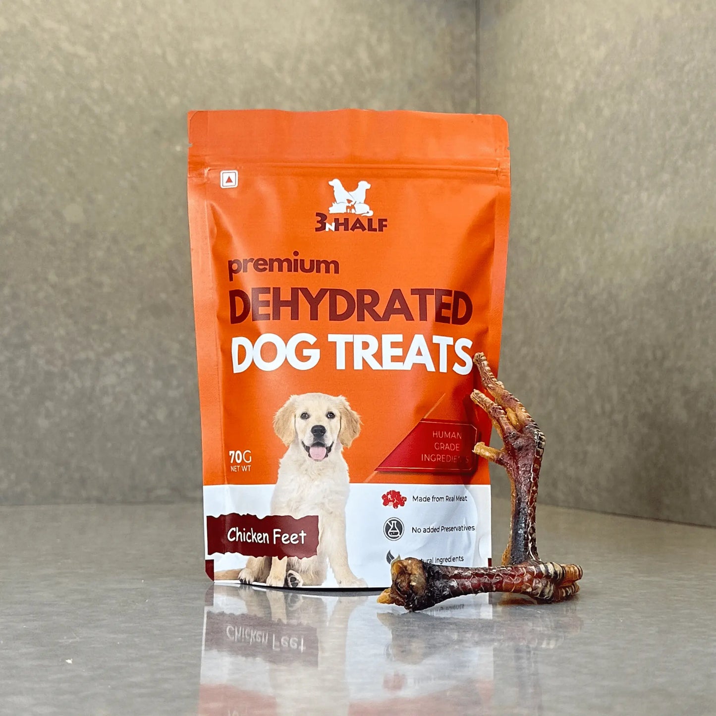 Premium dehydrated chicken feet natural dog chew with pack and product displayed