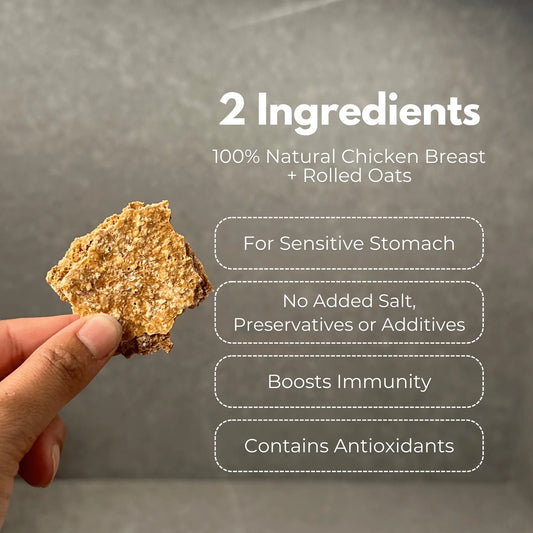 Hand holding chicken and oats treat highlighting the 2 ingredients with listed digestive and immunity benefits