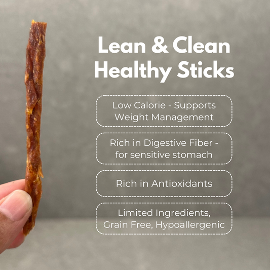 Hand holding 3nhalf dehydrated chicken & pumpkin stick with listed benefits like weight support and hypoallergenic.
