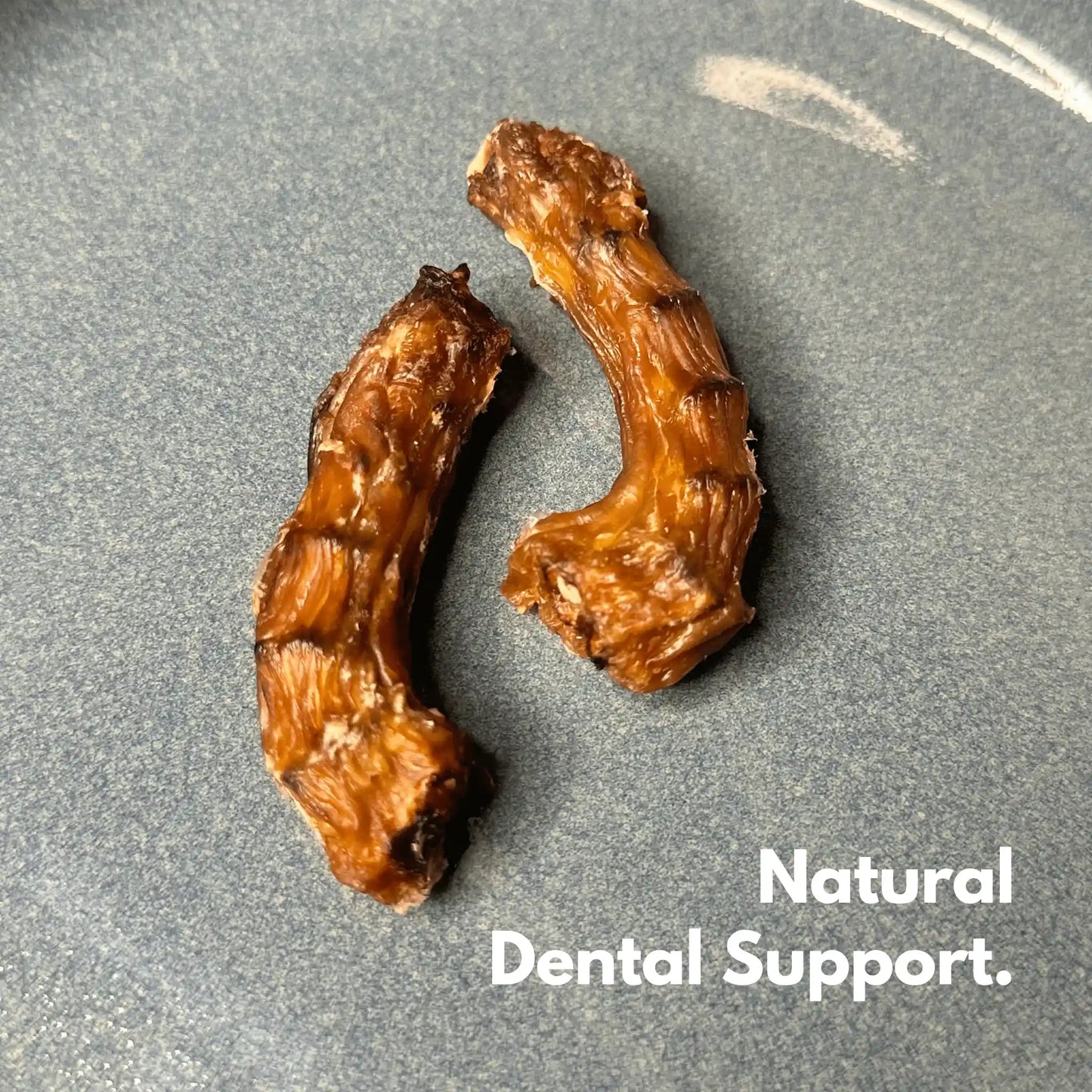 Closeup of 3nhalf dehydrated chicken necks for dogs on a plate for natural dental care.