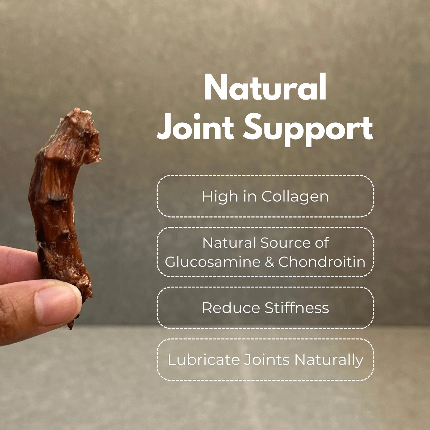 Hand holding 3nhalf dehydrated chicken neck treat with joint health benefits listed.