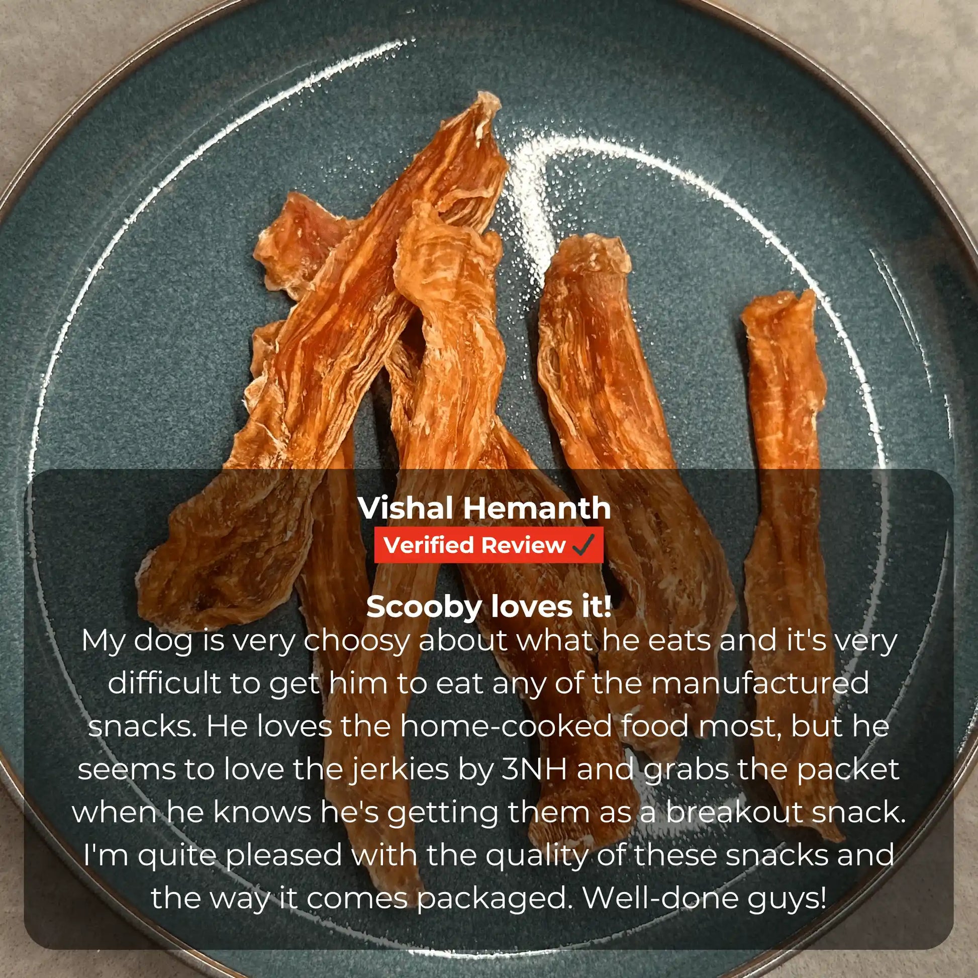 Judge.me verified customer review for 3nHalf chicken jerky dog treats with product on plate