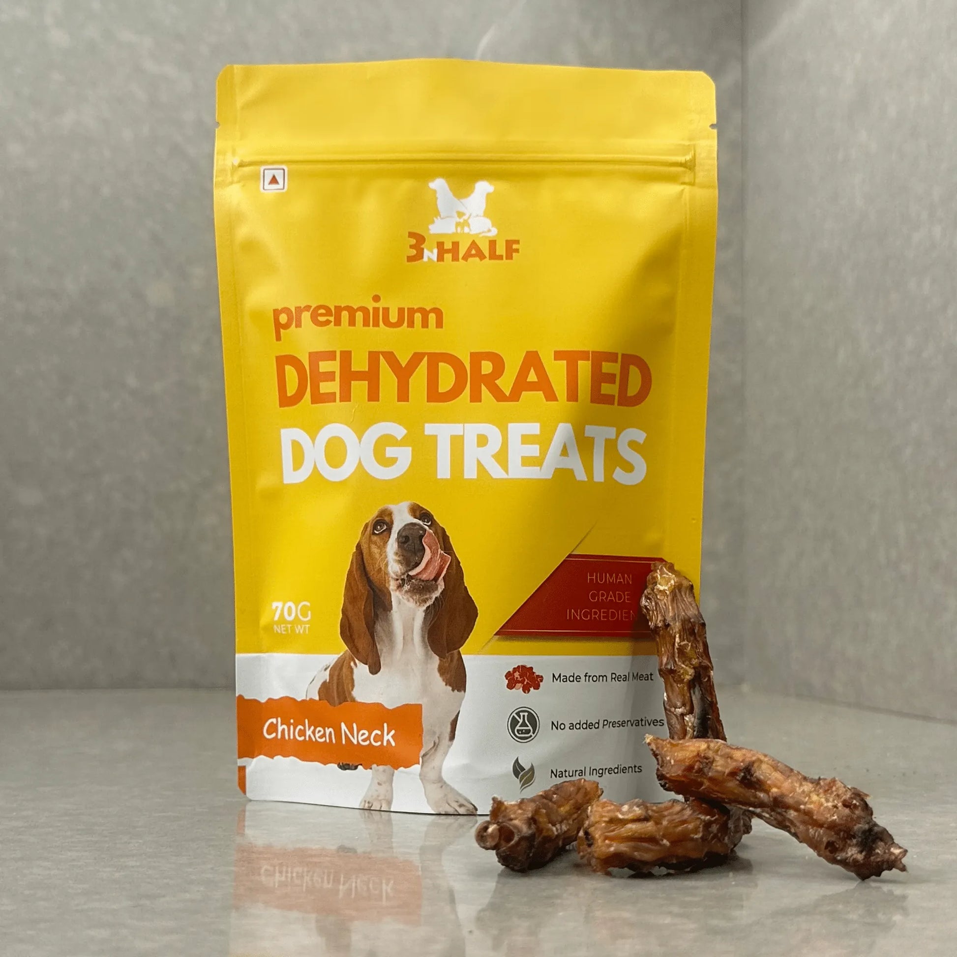 3nHalf Dehydrated Chicken Neck Chews in yellow packaging with real dehydrated chicken necks.