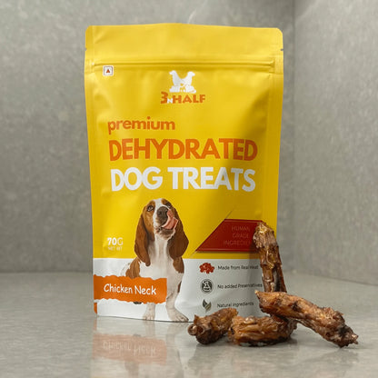 3nHalf Dehydrated Chicken Neck Chews in yellow packaging with real dehydrated chicken necks.