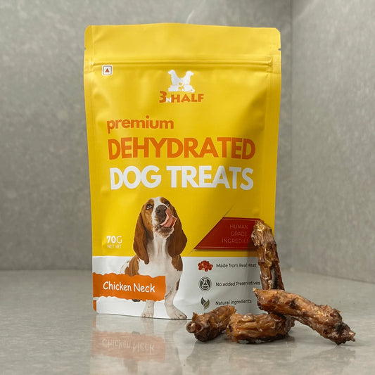 3nHalf Dehydrated Chicken Neck Chews in yellow packaging with real dehydrated chicken necks.