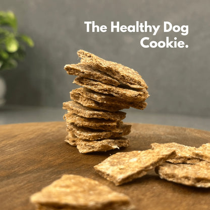 Stack of dehydrated chicken and oats treats labeled as healthy dog cookie