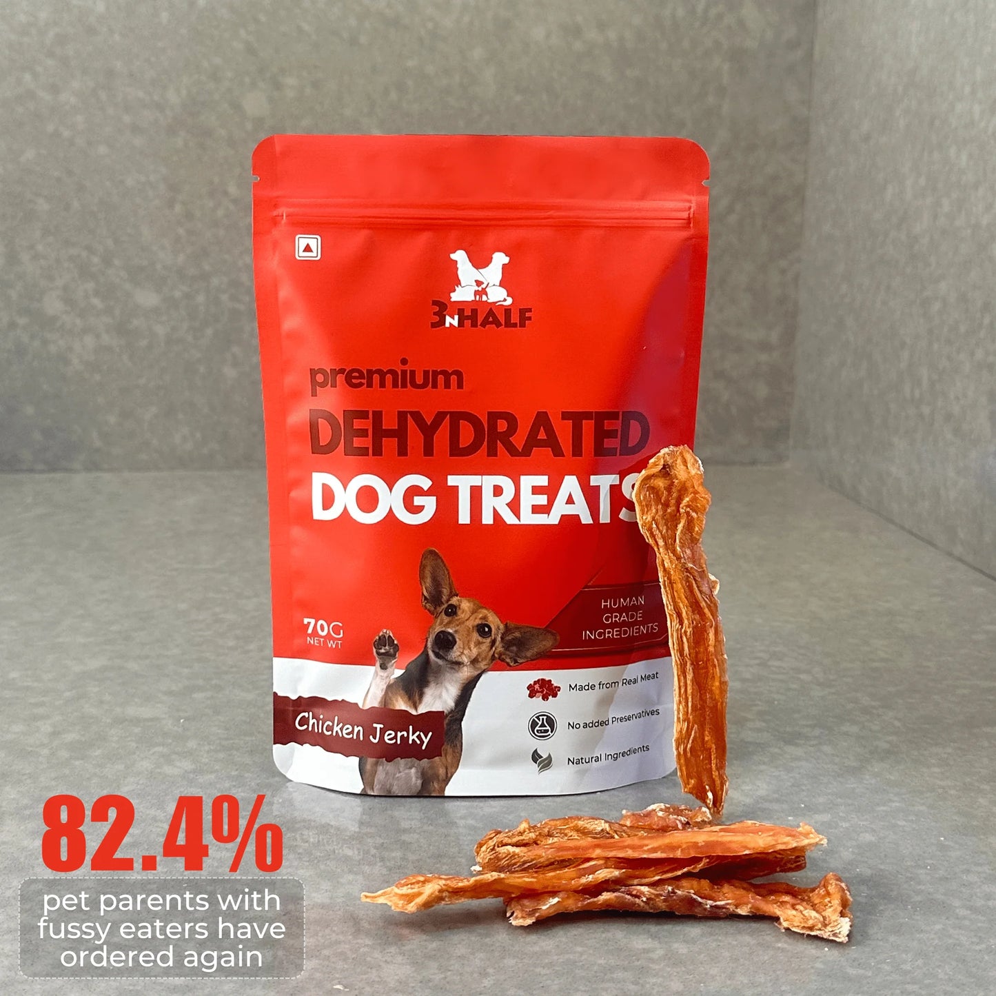 Premium dehydrated chicken jerky dog treat with pack and product shown