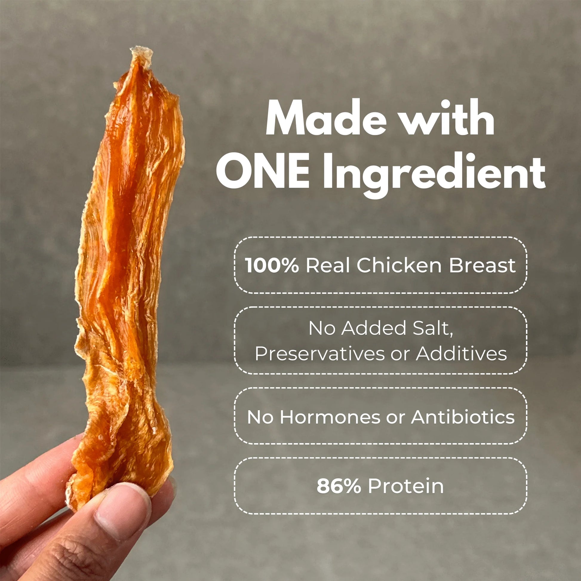 Hand holding a single chicken jerky strip showing its natural texture and displaying benefits of 100% natural treats